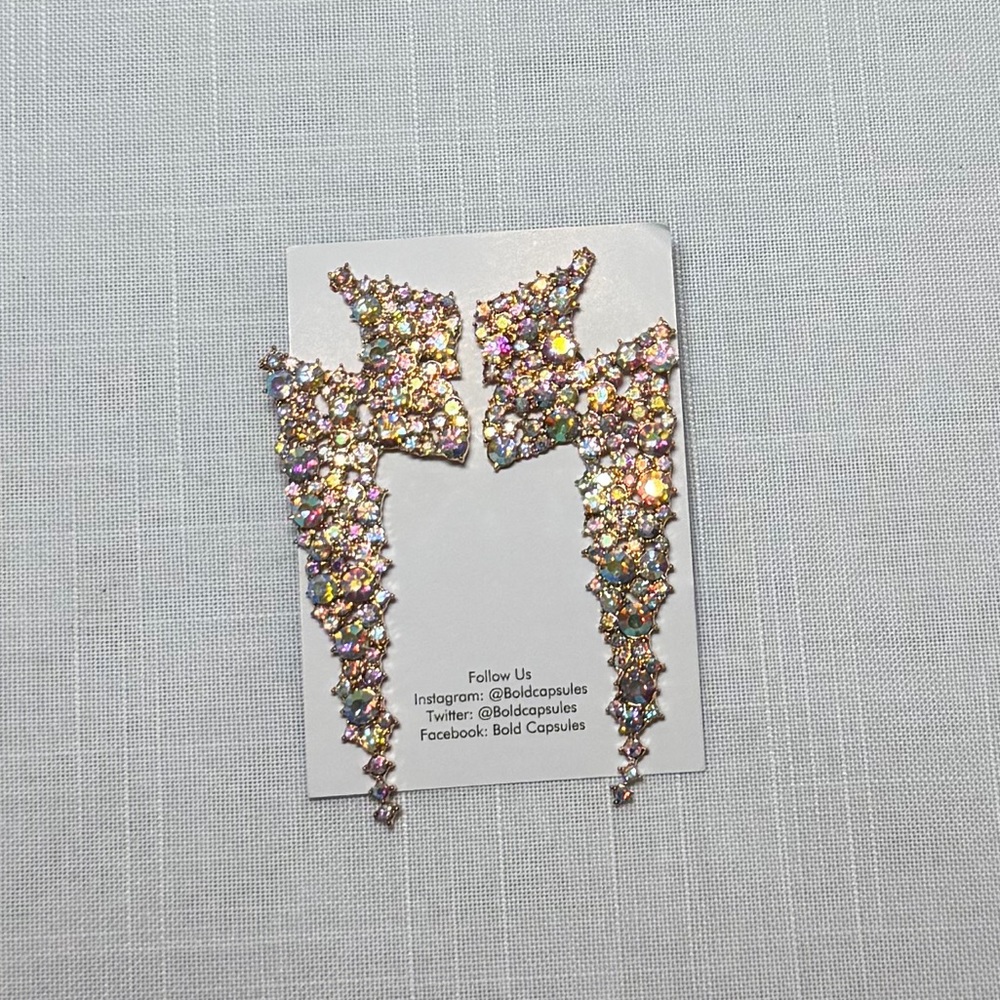 Rhinestone Thunderbolt Statement Earrings | AB Crystal Lightning Bolt - Picture 3 of 4